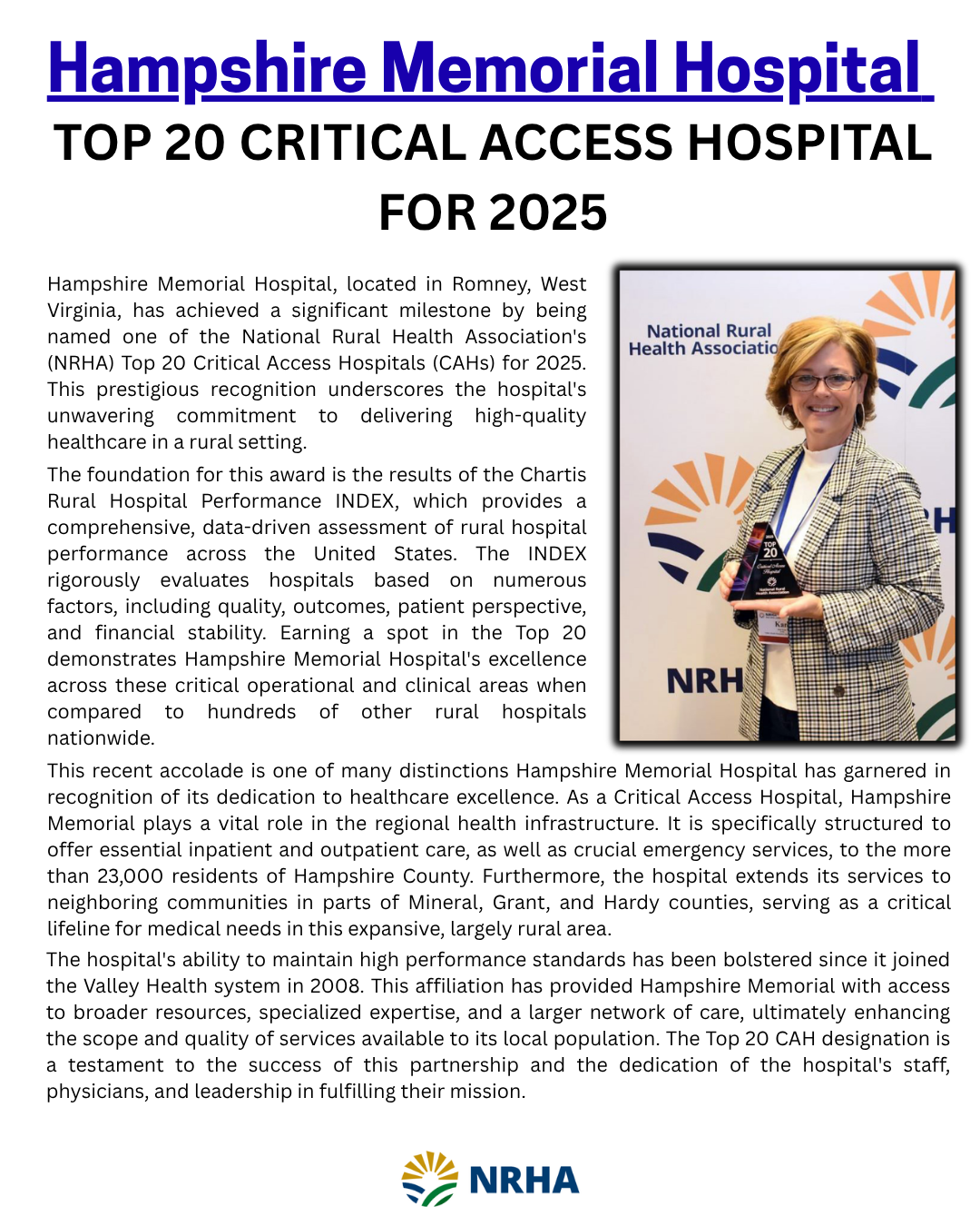 Hampshire Memorial Hospital named and awarded for placing in the Top 20 as a Critical Access Hospital for 2025 